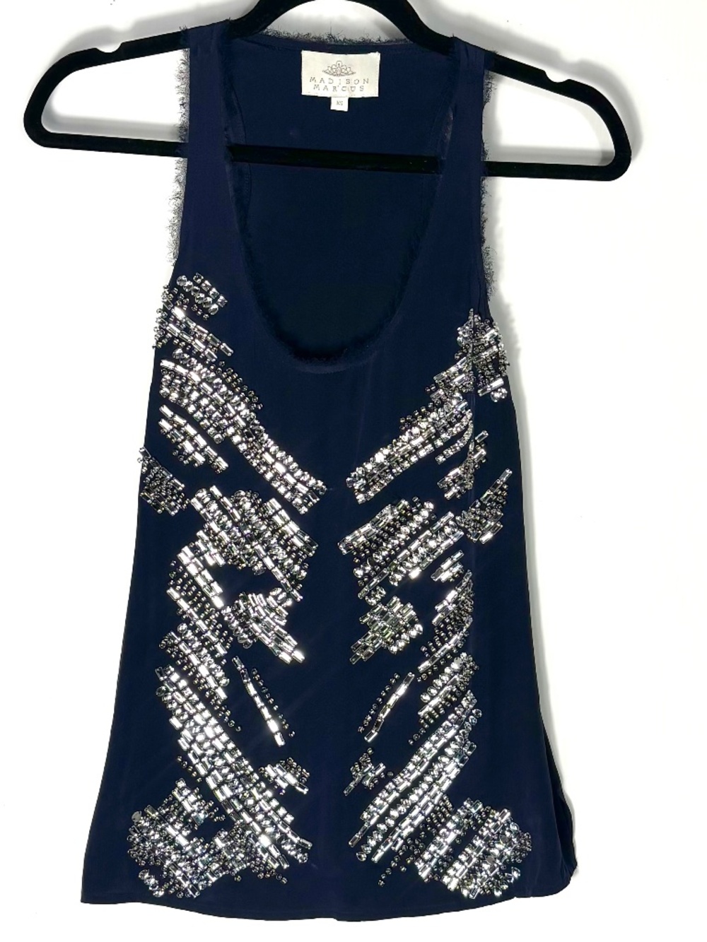 Y2K Madison Marcus 100% Silk Crystal Beaded Tank Top Navy Racerback XS Vintage